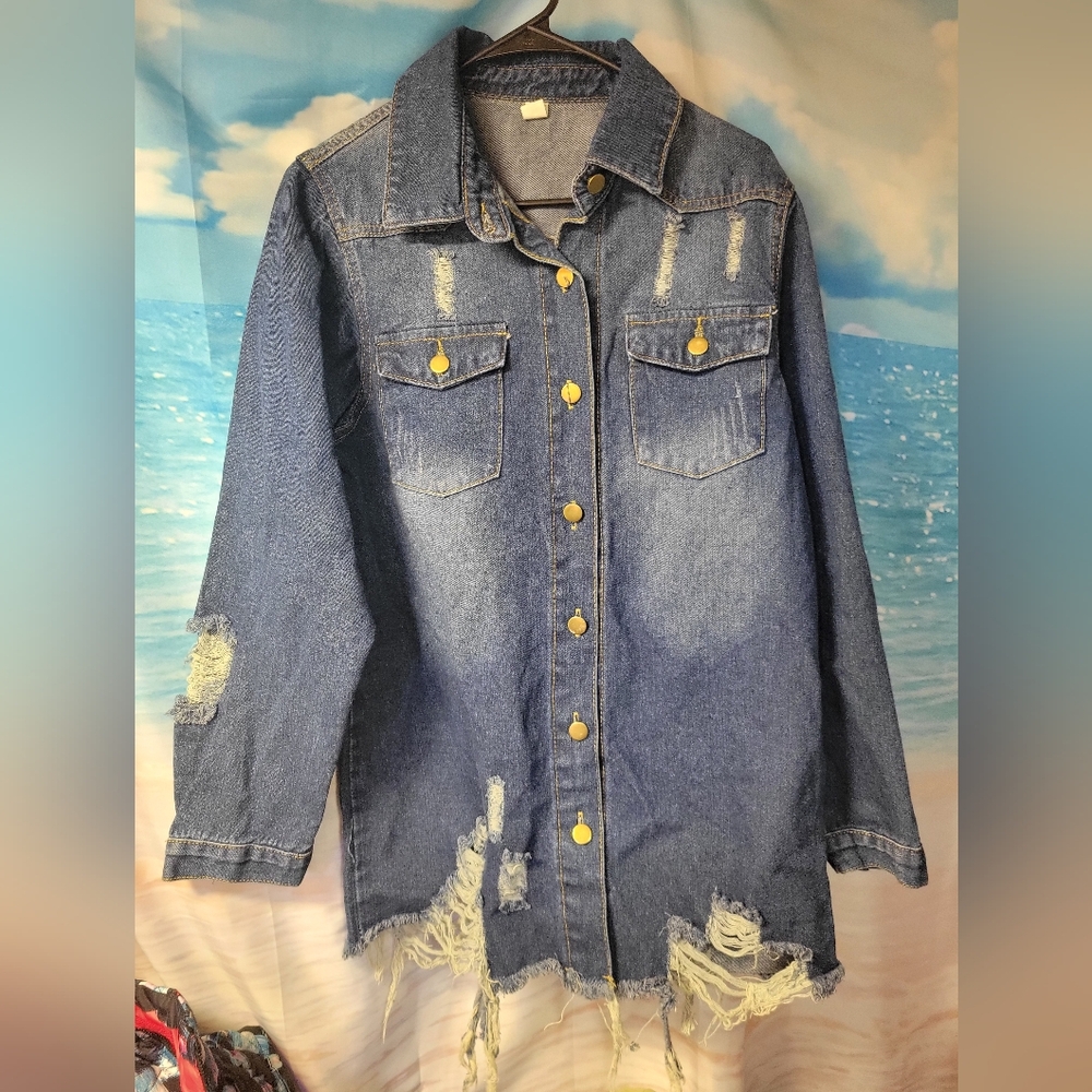 NEW Unbranded Distressed Long Denim Jean‎ Jacket Ladies Size Large